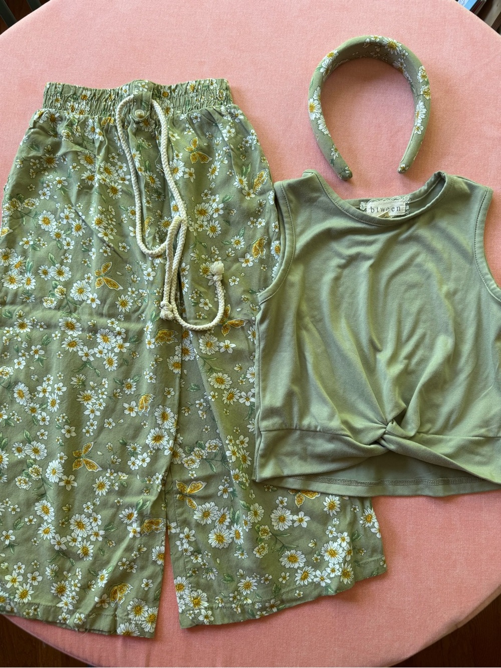 Btween Green Daisy Print Drawstring Pants with Olive Tank and matching head band